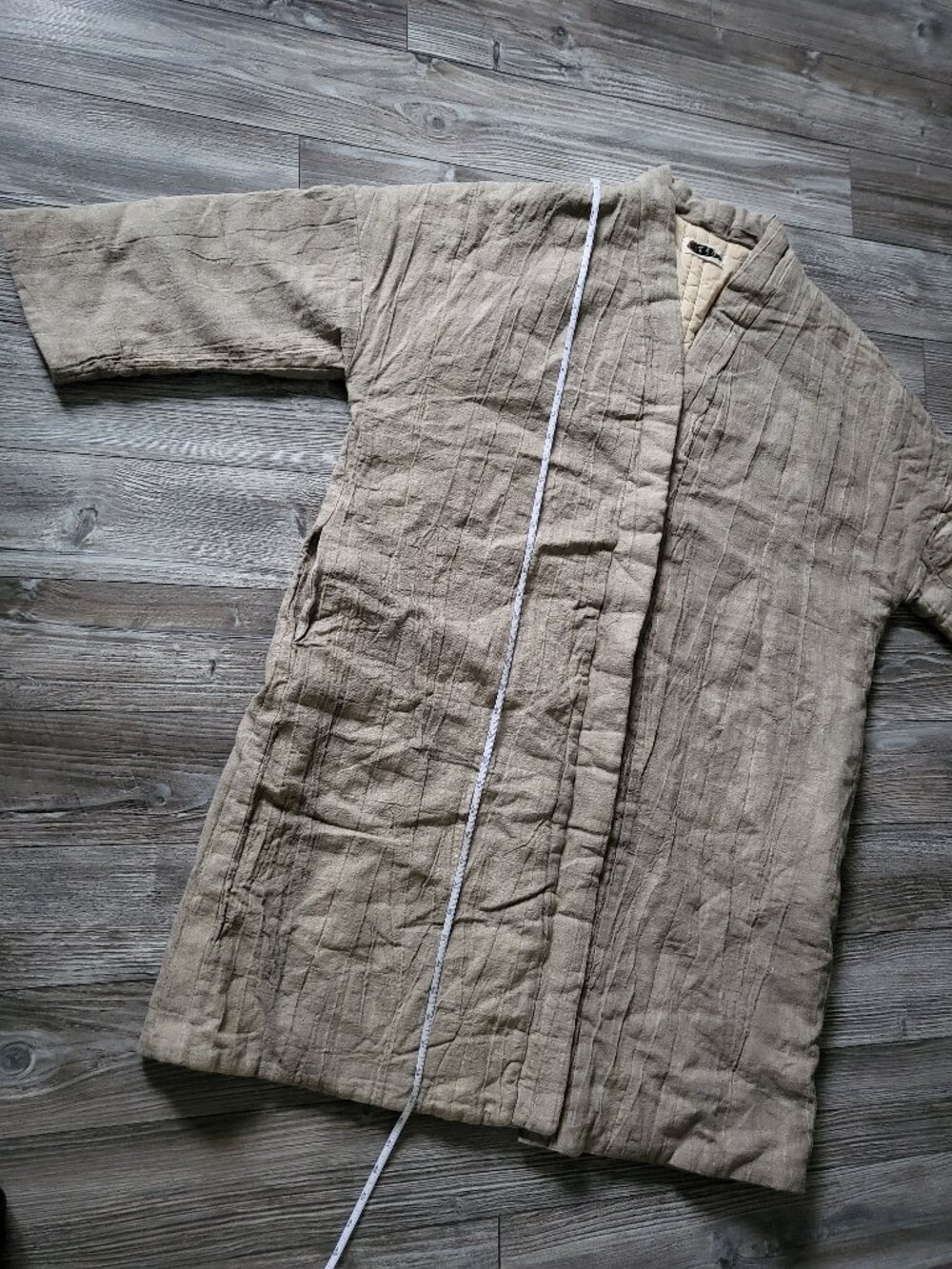 NWOT Heavy Raw Linen Kimono Coat Quilted Cotton Lined Haori Oatmeal - Picture 12 of 13